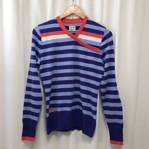 adidas Purple and Light Blue Striped V-Neck Sweater with Red Trim